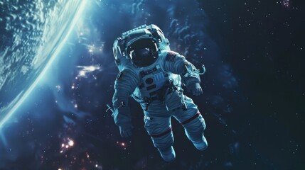 Digital artwork featuring an astronaut floating in space, marveling at Earth's splendor in the vast expanse of the universe