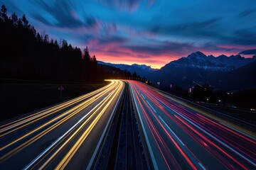 Wall Mural - Cars speed lights on a highway in the alp mountains sky outdoors evening.