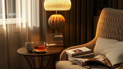 Cozy Corner Retreat, A chic side table adorned with a decorative lamp, a stack of magazines, and a warm mug of tea next to a comfortable chair, inviting relaxation and comfort.