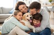 © Urooj - family embracing pet dog at home, moments of joy and togetherness, capturing love and bonding with a golden retriever