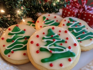 Festive Christmas tree cookies on holiday table