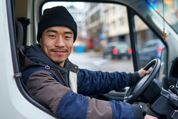 Wall Mural - Young multi ethnic delivery driver vehicle driving adult.