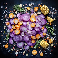  Rodajas de cebolla morada, zanahorias y mazorcas de maíz sobre fondo negro, decoradas con sal gruesa y romero fresco. La composición destaca la frescura y el colorido de los ingredientes.

