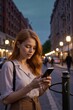 © Derek Brumby - A Thoughtful Young Woman with Red Hair Using a Smartphone in a City Street at Dusk
