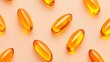 © NeuroCake - Fish oil omega 3 capsules pattern on beige background. Vitamin supplement concept. Image for medical product and pharmacy banner background.