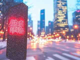 A traffic signal displaying red in a cityscape during twilight.