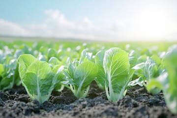 Wall Mural - Lush green cabbage plants growing in a sunlit field.