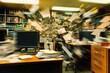 © Shamsher - Chaotic office environment with objects in motion, symbolizing the fast-paced nature corporate life