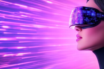 Wall Mural - side profile of woman in virtual reality headset, immersed in digital world with neon lights