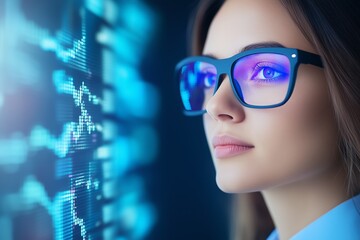 Wall Mural - close-up of woman in glasses observing digital stock market charts, tech-inspired reflection