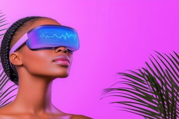 Wall Mural - futuristic woman wearing vr headset with digital city reflections on neon background