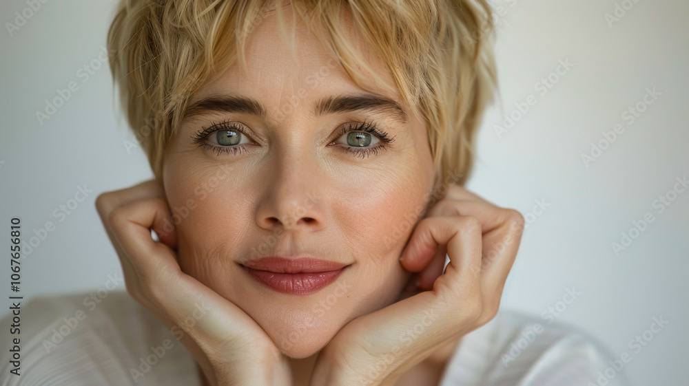 Warm close-up portrait of a mature woman with short blonde hair, green ...