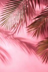 Wall Mural - Pink background with a palm tree in the foreground. The palm tree casts a shadow on the pink background, creating a beautiful and serene atmosphere