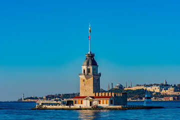 Wall Mural - Maiden's Tower with beautiful sunrise sky in Istanbul, Turkey. (Turkish Name: Kiz Kulesi). Colorful sunrise sky in Istanbul.