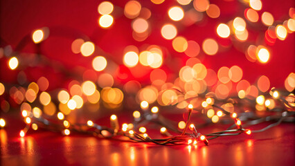 Soft-focus Christmas lights bokeh on a red background, perfect for overlaying text on social media