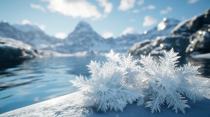 Snowflakes on Ice with Mountain View