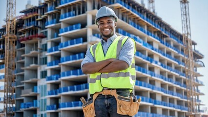 Black male builder on construction background. Foreman with plan in hands, African American man designs house