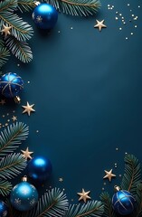 Wall Mural - Christmas and New Year banner with blue balloons, golden stars and pine branches on dark background. Festive greeting card