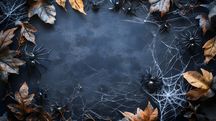 Halloween flat lay with spiders, decorations, and spider web on a black background    