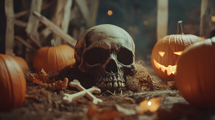 Halloween scene with a spooky skull, crossbones, and pumpkins in an eerie October setting    