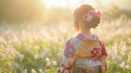 Poster - 暖かい日差しと着物女性の風景