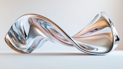 Wall Mural - chrome and liquid metal shiny ribbons on a light background with shiny chrome surfaces in fluid moti