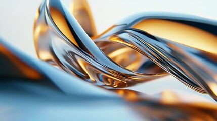 Wall Mural - chrome and liquid metal shiny ribbons on a light background with shiny chrome surfaces in fluid moti