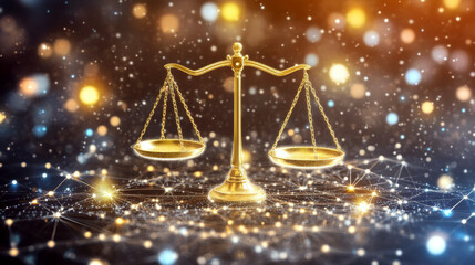 Wall Mural - golden balance scales stand amid shimmering lights and network lines. concept of justice, balance, a