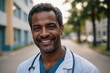 © ThomasLENNE - Close portrait of a smiling 40s Guyanese man doctor looking at the camera, Guyanese hospital blurred background