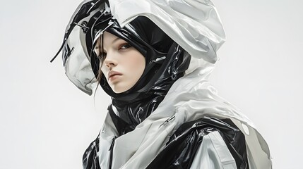 A high-fashion model in an avant-garde futuristic outfit on white background