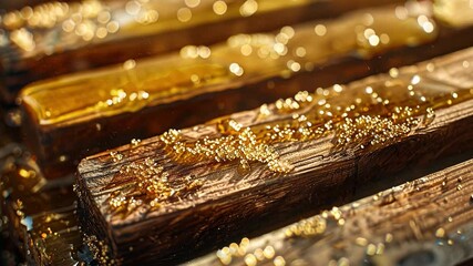 Poster - This Wooden planks are adorned with shimmering golden resin, highlighting their texture and beauty.
