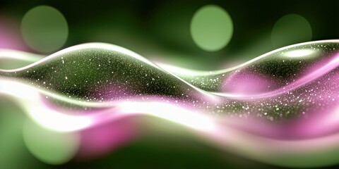 Wall Mural - glittery green and pink wave with luminous sparkles and soft bokeh lights