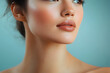 © Prasanth - Beauty, collarbone and wellness with woman in studio isolated on blue background for hygiene closeup. Body, dermatology and skincare with model person at salon or spa for natural cosmetics treatment