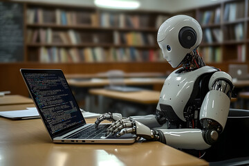 Wall Mural - humanoid robot using laptop at desk in classroom, robot, classroom, ai, artificial, teacher, intelli
