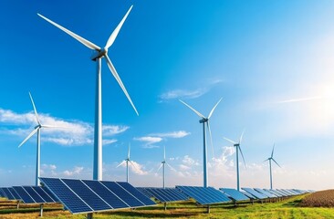 An alternative renewable energy from nature concept showing solar cells and wind turbines generating electricity in a hybrid power plant station with blue sky background.