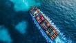 © Ilja - Aerial View, Cargo Ship, Colorful Containers, Global Transportation, Logistics, Import, Export.