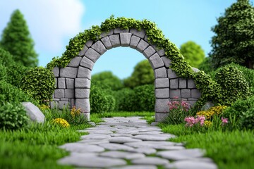 An elegant garden with colorful arches and vibrant greenery. Digital painting.