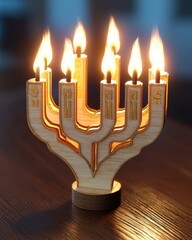 Poster - A wooden menorah with candles lit. AI.