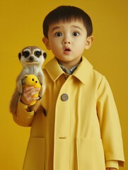 Poster - A young boy in a yellow coat holds a meerkat. AI.