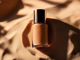 Sticker - A bottle of light brown liquid foundation is placed on a sandy surface. The texture of this high-end luxury product presents a natural beauty.