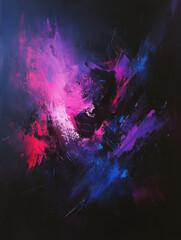 Wall Mural - Dark, intense abstract painting with bright pink and blue splashes, blending into a chaotic yet vibrant composition.