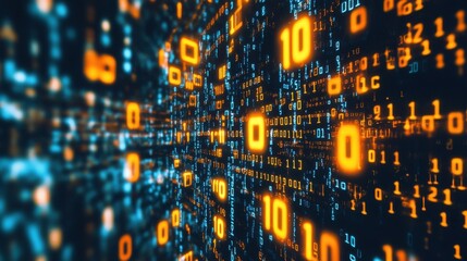 Binary code streaming across a digital screen, creating an abstract design.