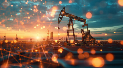 Oil drilling rigs operate at sunset, showcasing the energy sector's machinery against an orange and blue sky filled with clouds