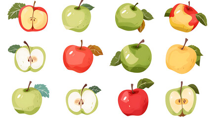 Wall Mural - Set of apples in different colors like red, green, and yellow, with natural stems and leaves, isolated on white, cut out 