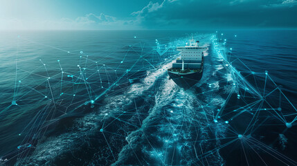 A cargo ship navigating the ocean while utilizing advanced digital technologies for route optimization and communication in the early morning light