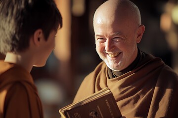 Friar smiling and holding a religious book while talking to a boy