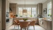 © Agus - Modern Kitchen with Beige Cabinetry, a Dining Nook, and a Window View