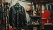 © Watanabe - A black work jacket hangs in a dimly lit workshop, ready for a day of work. The jacket has a patch on the left chest.