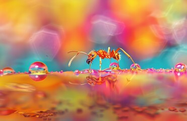 Wall Mural - a small ant walking on a surface with colorful water droplets. ai.