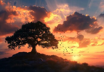 Wall Mural - a lone tree stands on a hilltop, silhouetted against a vibrant sunset sky. ai.